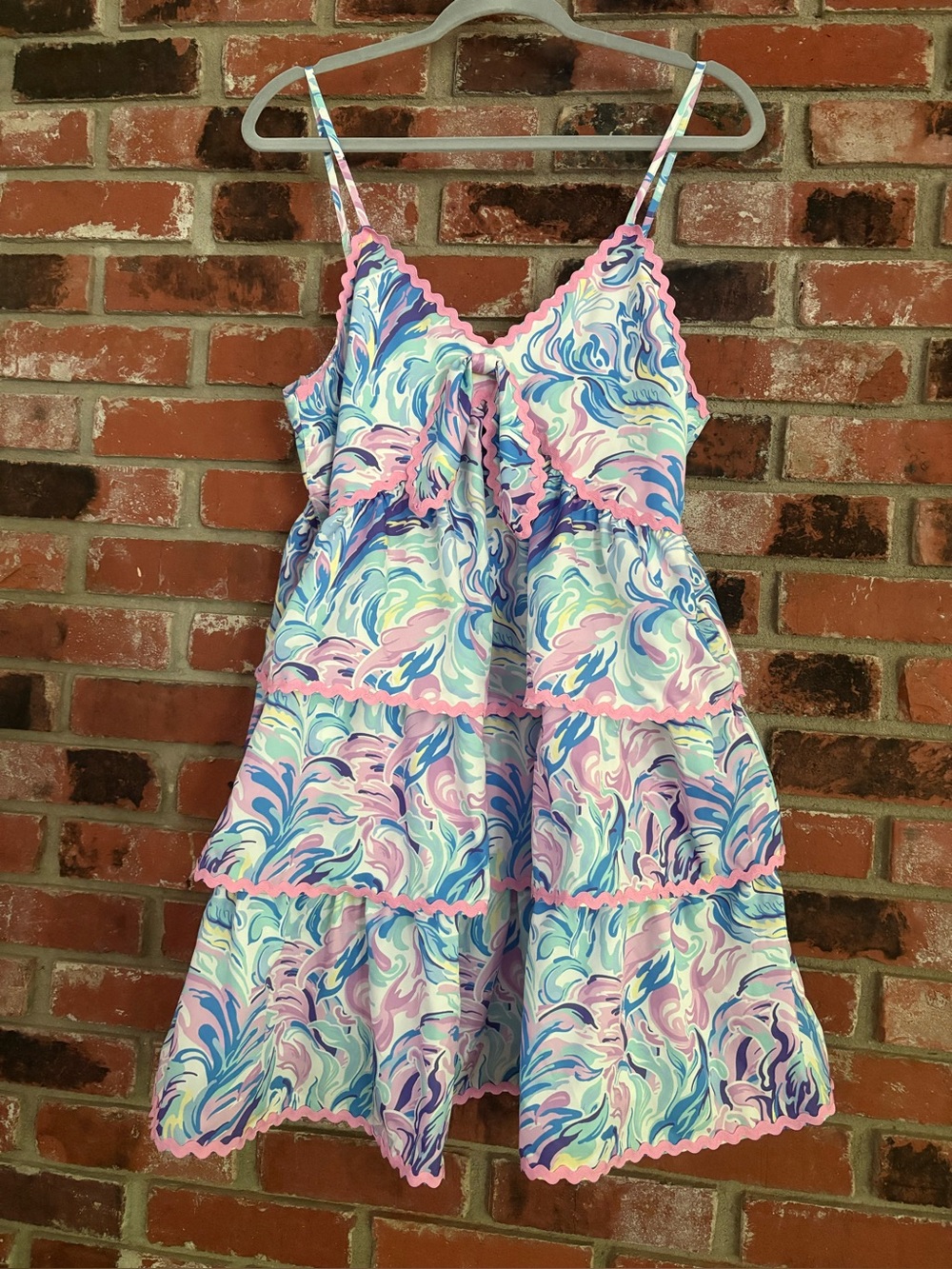Simply Southern Preppy Coastal Tiered Rick Rack Watercolor Babydoll Dress Sz L - Picture 3 of 7